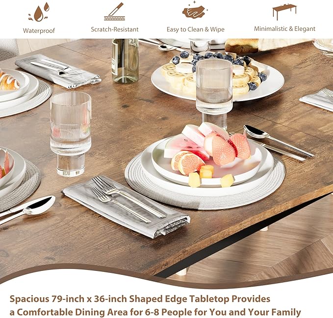 78.7”Dining Table with Wave Irregular Edge, 15mm Thick MDF Top & Metal Frame, for Kitchen, Quick Assembly, Wooden Kitchen Table for 6-8, Retro Brown