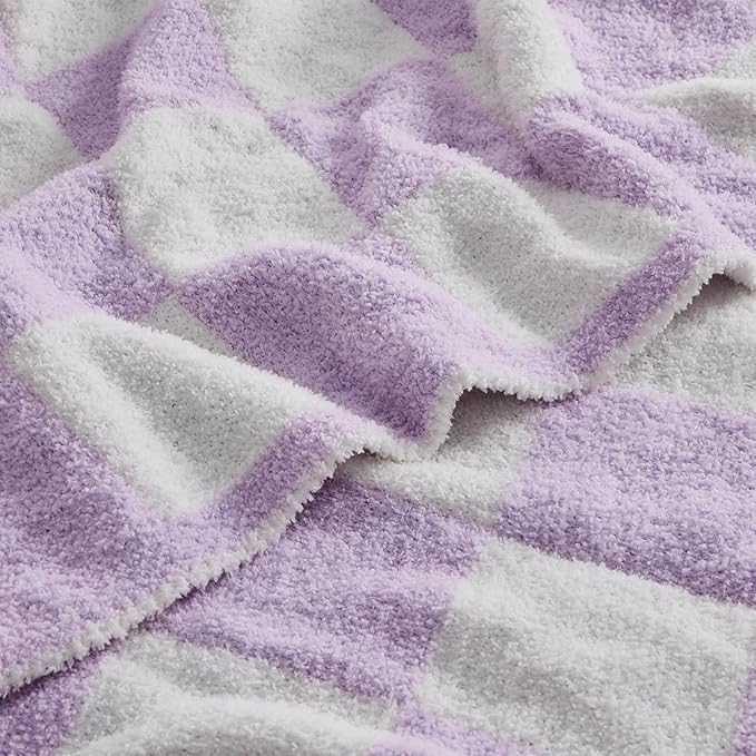 JOOJA Soft Cozy Checkerboard Lilac Fluffy Knit Throw Blanket for Couch Plaid Checkered Blanket Lilac 60x80 in