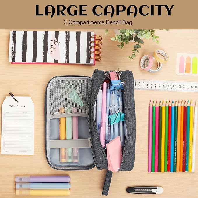 Pencil Case Big Capacity Pen Pouch Large Storage Holder Marker Pen Bag Durable 3 Compartment School Office Desk Organizer Portable Cute Zipper Stationery for Kids Teen Student Boys Girls Adults