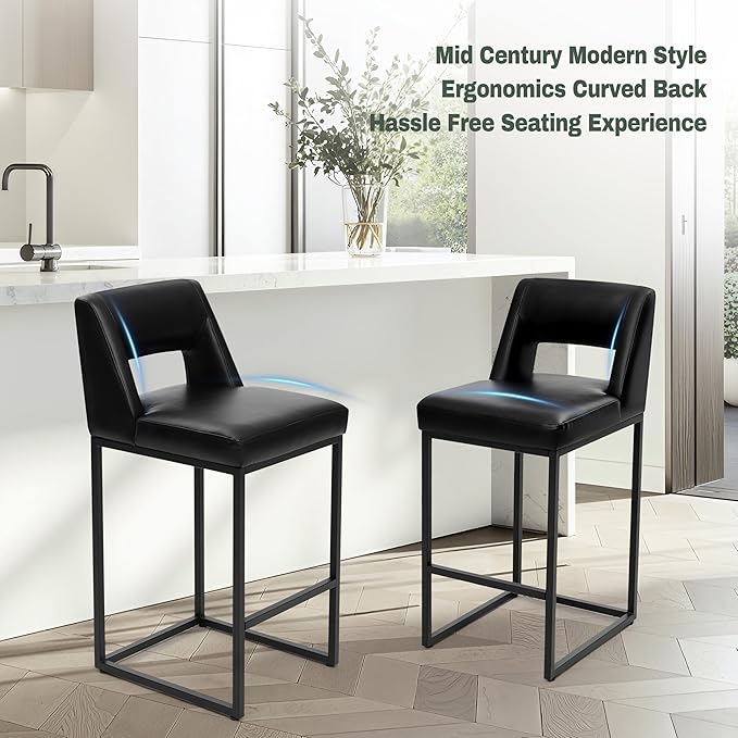 Counter Height Black Bar Stools Set of 3 for Kitchen Counter Modern Bar Chairs with Backs for Kitchen Island with Upholstered Faux Leather Seat and Metal Frame, 26 Inch