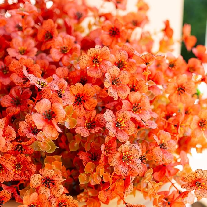 Artificial Fall Flowers Fake Mums for Outdoor Autumn Decoration, 12 Bundles Faux Silk Orange Yellow Mums Daisy Look Real UV Resistant for Outside Home Porch Patio Planter