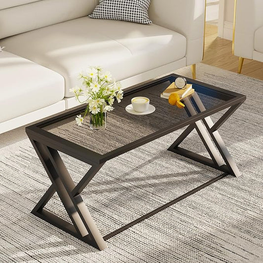 Coffee Table Grey Glass Coffee Table for Living Room,Modern Rectangular Center Table with Sturdy Metal Frame,Tempered Glass Table Tea Tables for Bedroom Home Office