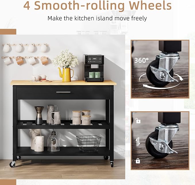 Shintenchi Kitchen Island Cart with Storage,Rolling Kitchen Island Side Table on Wheels with Large Worktop,Storage Cabinet,Towel Rack,Drawers and Open Shelves for Kitchen,Dinning Room,Black