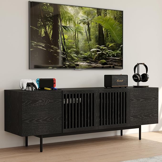 POVISON Full Assembled Mid-Century Modern TV Stand with Slatted Doors, Wood Media Console for 65 Inch TV, TV Console with Tall-cast Metal Legs, Entertainment Center with Storage for Living Room