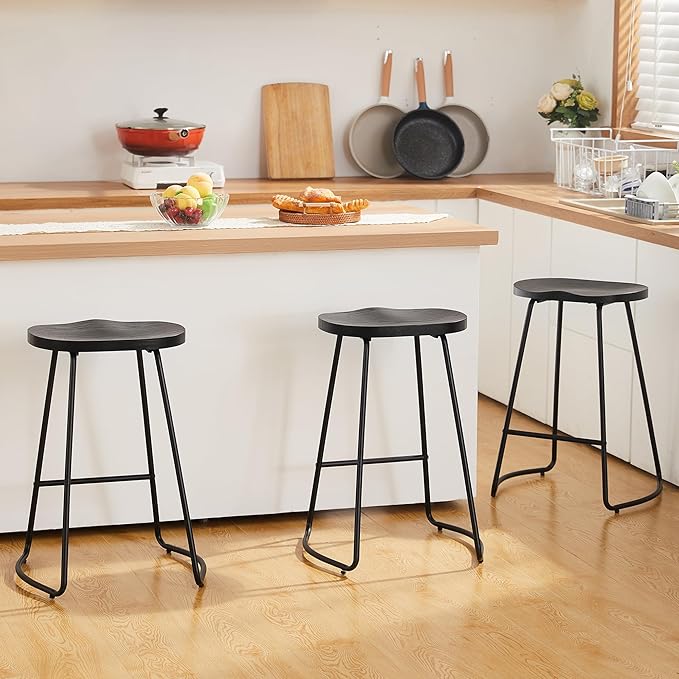 HeuGah Bar Stools Set of 4, Saddle Seat Bar Stools with Metal Legs, Rustic Backless Counter Height Stools (Black, 4 PCS 26Inch Counter Chair)
