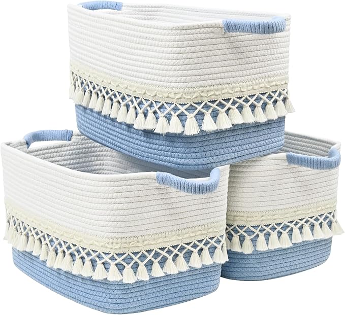3 Pack Storage Basket for Shelves, Boho Cotton Rope Storage Bins with Heavy Tassel, Shelf Baskets Large Woven Baskets for Organizing, Cube Organizer Bins, Baby Laundry Basket for Clothes, Toys, Pets