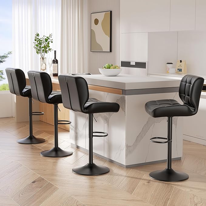 Modern Bar Stools Set of 4, Faux Leather Upholstered Swivel Bar Stools, Adjustable Counter Height Bar Chairs with High Back and Footrest for Kitchen Island (Black)