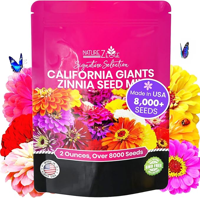 NatureZ Edge Zinnia Seeds for 2025 Planting Outdoors, Over 8250 Flower Seeds, 2 Oz, Non GMO Made in USA, Bulk Semillas De Flores para Sembrar, California Giants, Easy to Grow Zinnia Seed Mix