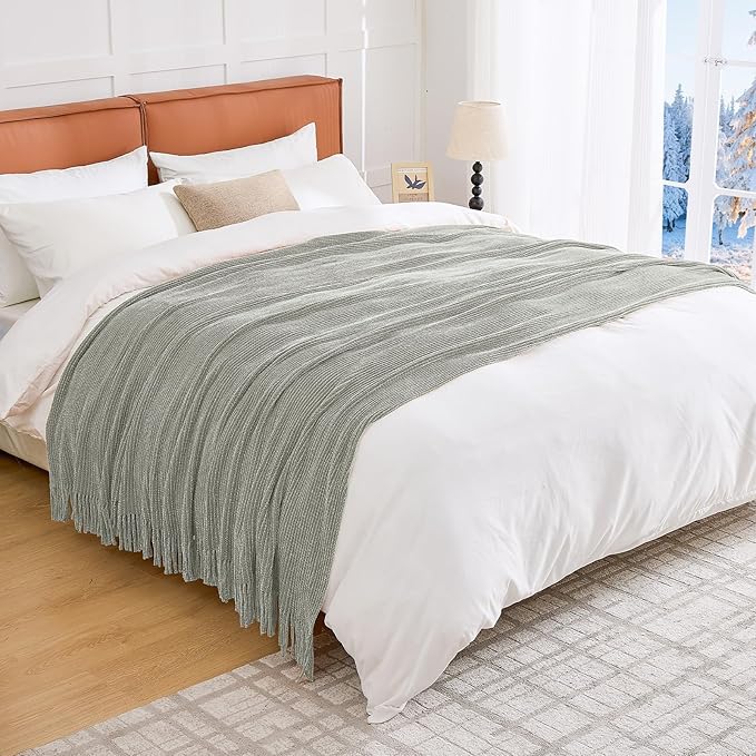 inhand Throw Blanket for Couch Bed,Chunky Chenille Woven Soft Blankets with Tassels, Cozy Boho Farmhouse Fall Winter Decor,Warm for Women,60"x80",Medium Thick-Light Grey