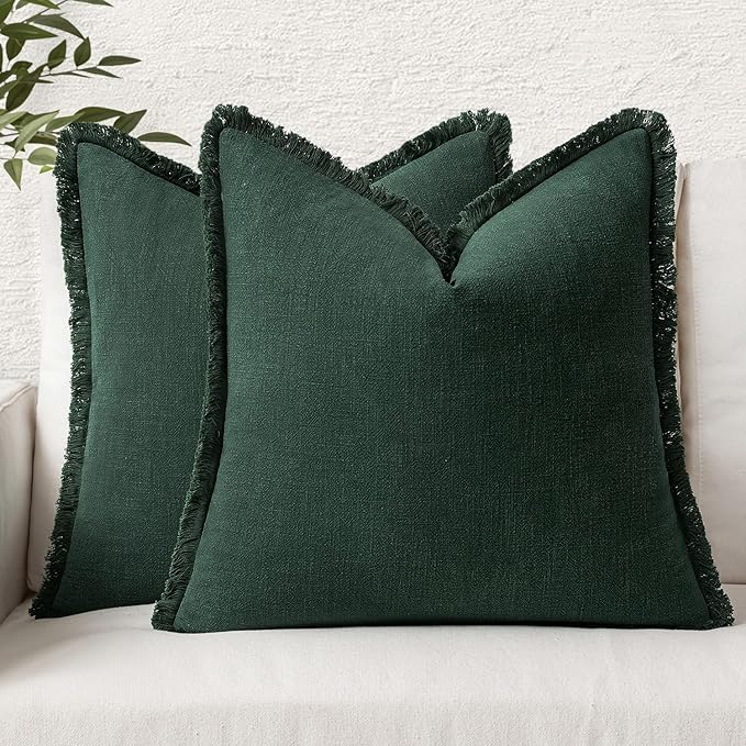 MIULEE Linen Pillow Covers 20x20 Inch Dark Green Decorative Throw Pillows with Fringe Pack of 4 Soft Farmhouse Boho Couch Pillows Home Decors for Sofa Cushion Living Room Bed