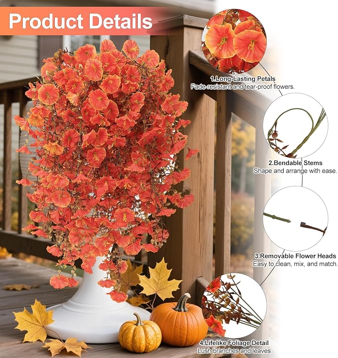 Fall Flowers Artificial for Decoration, 4Pcs Fake Hanging Flowers Morning Glory UV & Fading Resistant, Artificial Faux Plants Deocr for Home Patio Yard Garden Farmhouse Fall Decor Halloween