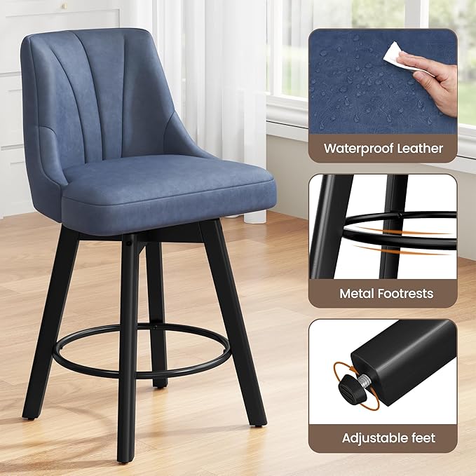 Counter Height Swivel Bar Stool, 24" Upholstered PU Leather Barstools Set of 8, Counter Stool Chair with Back & Solid Wood Legs for Kitchen Island Dining Room (Blue)
