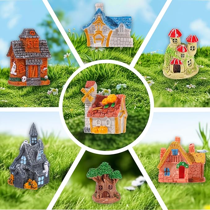 8 Piece Fairy Garden Accessories, Resin Tiny House for DIY Micro Landscapes, Miniature Figurines for Plant Pots, Mini Garden Outdoor Decor, Terrarium & Home Display
