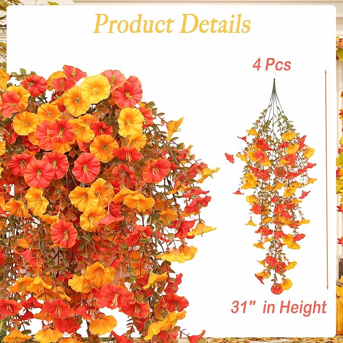 Artificial Flowers for Outdoors, 4 pcs Faux Mums for Outdoor Planters, UV Resistant Fake Flowers Fall Porch Decor, Fake Sunset Mums for Yard Patio Lawn Garden, Silk Flowers Autumn Decor
