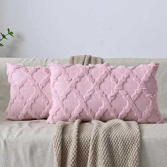 Set of 2 Soft Moroccan Throw Pillow Covers 12x20 Inch Plush Boho Decorative Pillow Cover Accent Cushion Case for Couch Sofa Bed, Light Pink