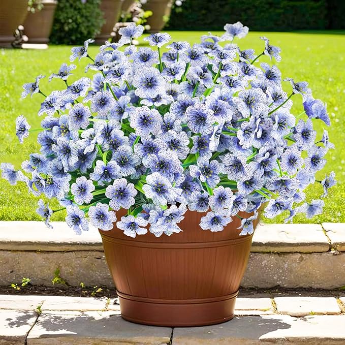 Krissing 48 Bundles Outdoor Artificial Flowers UV Resistant Fake Silk Flowers Faux Plastic Plants Outside Garden Porch Window Box Summer Decoration (Blue)