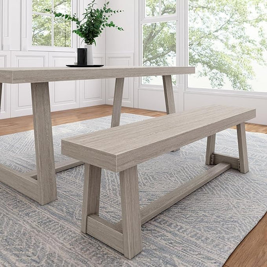 Plank+Beam 60 Inch Farmhouse Dining Bench, Solid Wood Entryway Bench, Wooden Outdoor Bench, Kitchen Dining Seat, Dining Room, Home Office, Living Room Furniture, Easy Assembly, Seashell Wirebrush