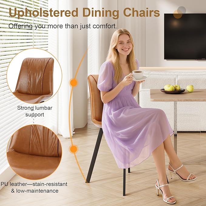 Upholstered Dining Chairs Set of 2, Modern Kitchen & Dining Room Chairs, Faux Leather, Sturdy Metal Legs, for Living Room, Cafe & Restaurant- Brown