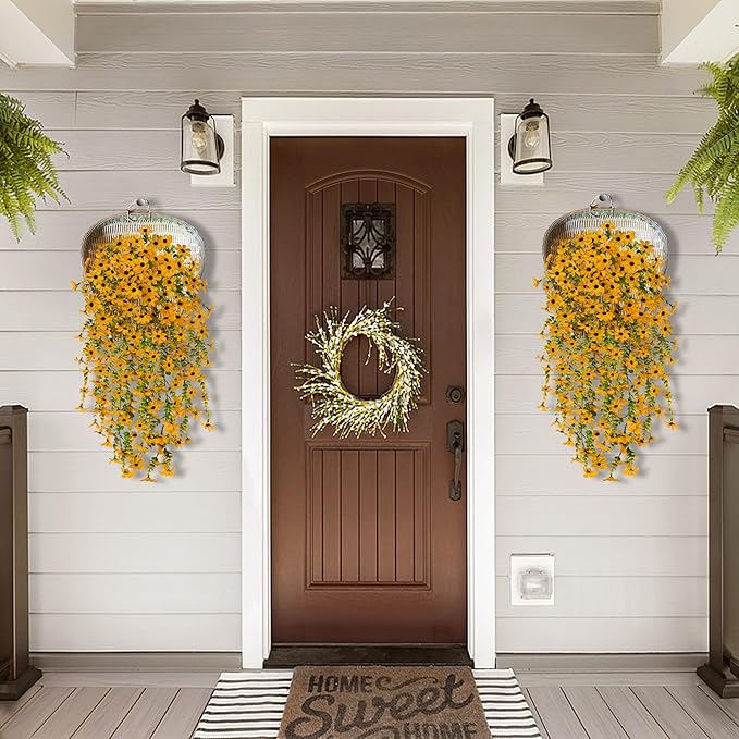 Fake Mums Fall Artificial Hanging Flowers for Outdoors Plants Decoration, 2 Bundles Faux Silk Colorful Daisy Eucalyptus Realistic UV Resistant for Outside Home Planter Porch Patio Yard Decor(Yellow)