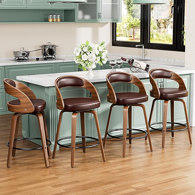 Bar Stools Set of 4, 26" Swivel Counter Height Barstools with Bentwood Legs and Back, Mid Century Modern Faux Leather Upholstered Bar Chairs for Kitchen Island, Restaurant, Brown