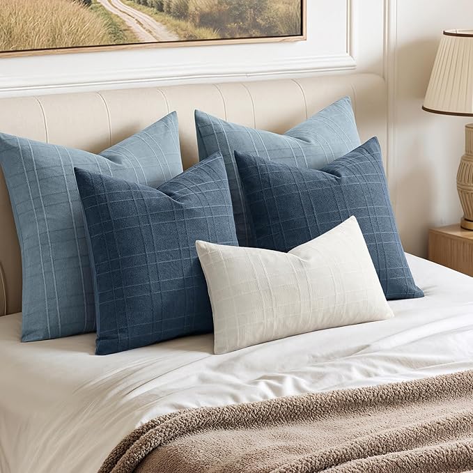 MIULEE Decorative Linen Check Euro Shams Throw Pillow Covers Neutral Farmhouse Vintage Pillow Covers 24x24 Set of 2 Boho Modern Home Decor for Sofa Couch Bedroom Cushion Blue Grey