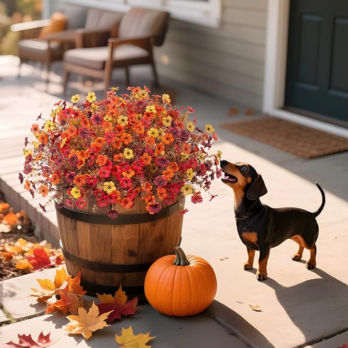 Fall Mums Artificial Flowers for Outdoors Potted, 12 Bundles Fake Fall Daisy Flower with Realistic Eucalyptus Leaves, Fake Plants for Greenery Boxwood Porch Patio Garden Pot Courtyard Lawn