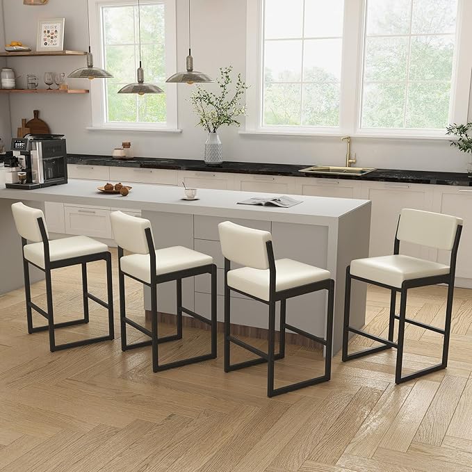 Mid Century Modern Counter Height Bar Stools Set of 3, 26" Bar Height Chairs with Backs, Upholstered Counter Stools, Metal Barstools for Kitchen Island (White- Faux Leather, 26"H - Set of 3)