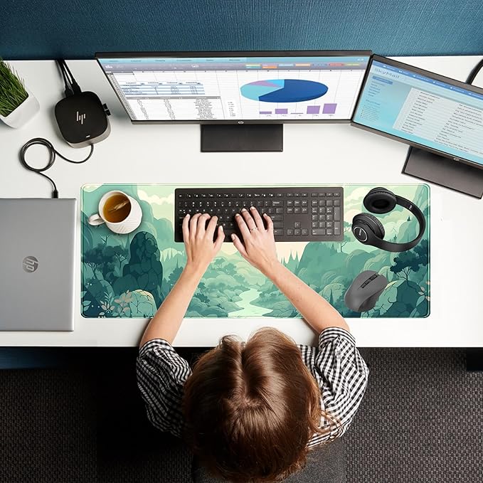 Cute Pastel Mint Green Forest Sage Desk Mat Anime Large Gaming Mouse Pad XL, Aesthetic Sunrise Laptop Computer Keyboard Mouse Mat, Women Office Desk Decor Cover Mat with Stitched Edges 31.5"x11.8"