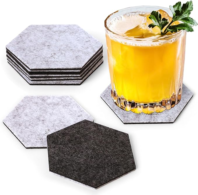 A&A Wonders Premium Felt Coasters for Drink, Two-Tone Reversible, Absorbent Felt Protects Furniture, Table, Anti Slip, Suitable for Drinks & All Table Types (Light Gray/Dark Gray, Hexagon 6 Pack)