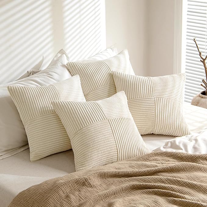 MIULEE Beige Throw Pillow Covers 20x20 Inch Set of 4 Boho Patchwork Cushion Cases Modern Farmhouse Pillow Cases with Invisible Zipper Corduroy Striped Home Decor for Couch Sofa Bedroom
