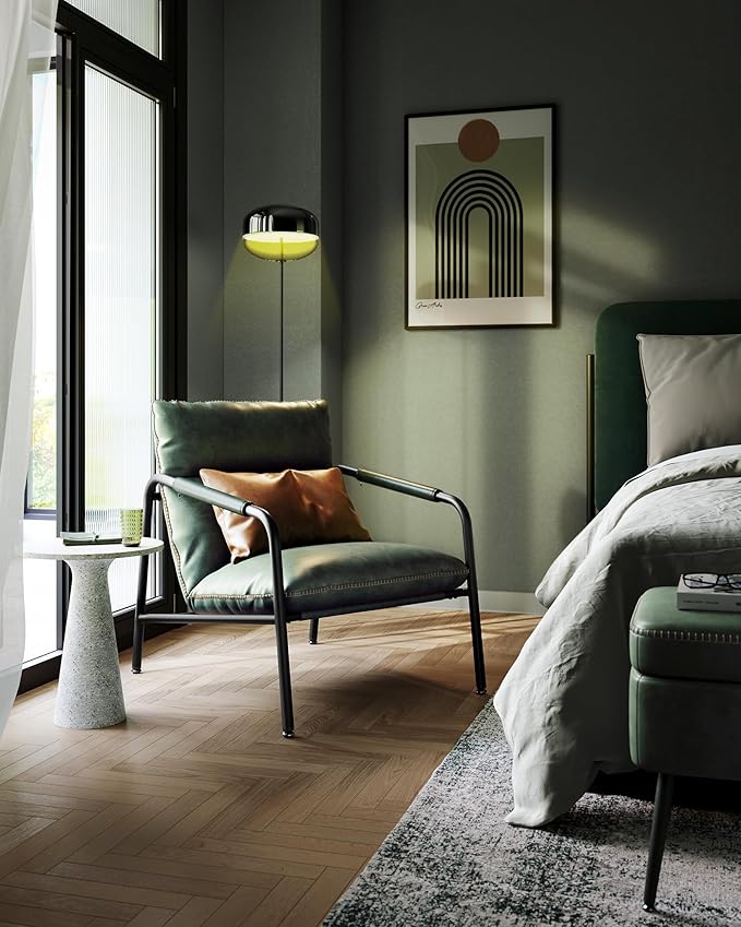VASAGLE EKHO Collection - Accent Chair, Metal Framed Armchair, Synthetic Leather with Stitching, Mid-Century Modern, Sling Chair for Living, Bedroom, Reading Room, Lounge, Forest Green ULAC014C01