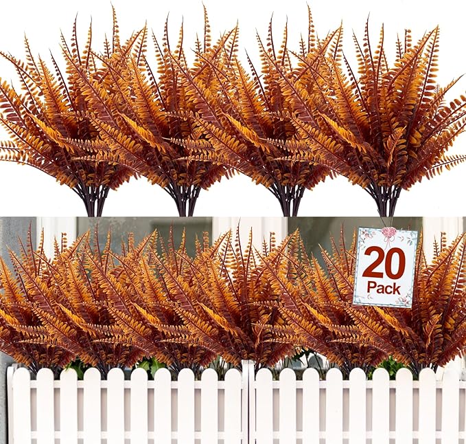 TURNMEON 20 Bundles Artificial Fall Flowers for Outdoors Fall Decorations, UV Resistant Fall Plants Faux Boston Fern Fake Mums Plastic Greenery Shrubs for Home Porch Gardens Autumn Thanksgiving Decor