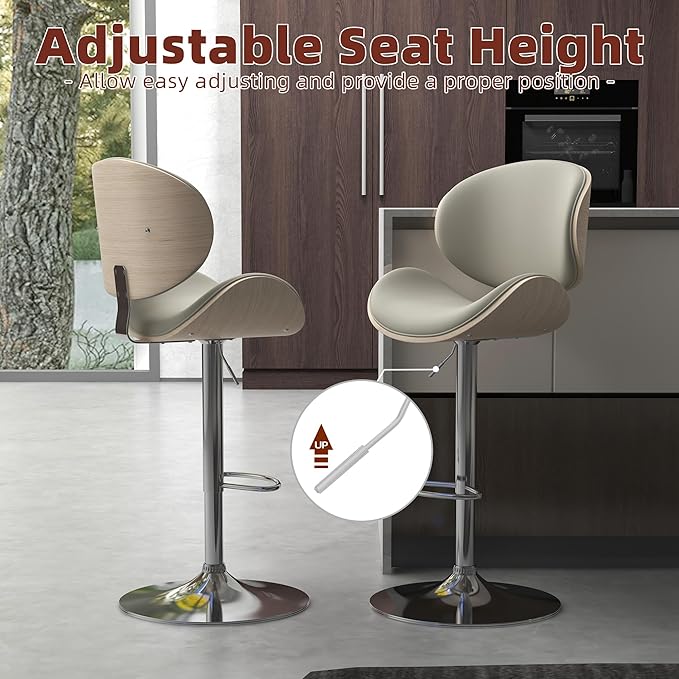 civama Bar Stools Set of 2 for Kitchen Counter, Adjustable Bar Height Chairs, Modern Swivel Barstools with Bentwood Seat and Back with Footrest, for Kitchen Island, Dining Room, Grey PU Leather