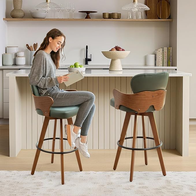 30” Swivel Bar Stools,Green Faux Leather Bar Height Stools with Armrest and Fishtail-Shaped Back,Mid Century Modern High Barstools,Walnut Bar Chair for Kitchen Island or Home Bar,1PCS