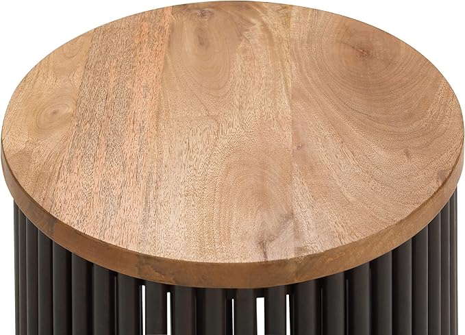 SIMPLIHOME Demy 18-inch Wide Metal and Solid Mango Accent Table in Natural/Black, Round Side Table with Mango Wood Top for Living Room or Bedroom, Industrial Style, Assembled