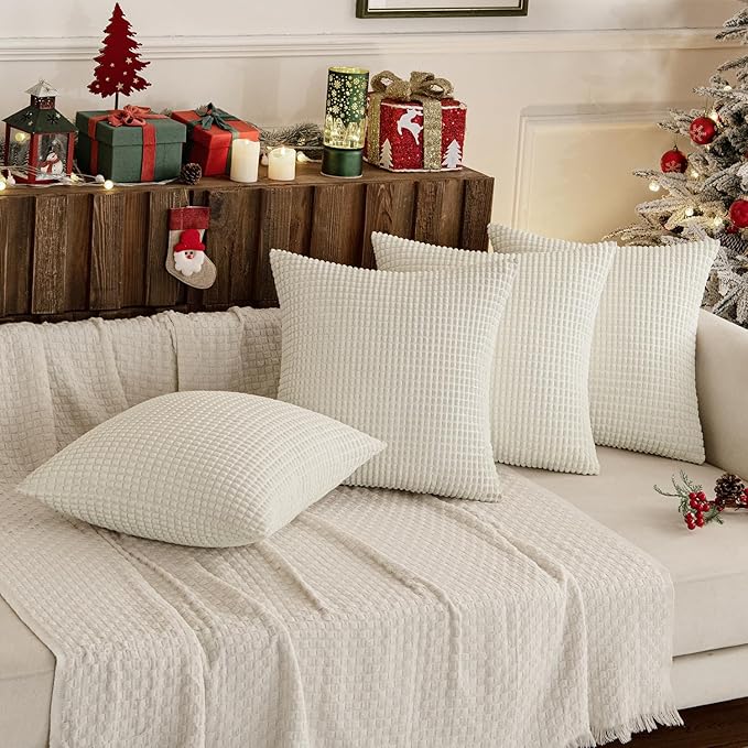 MIULEE Boho Farmhouse Throw Pillow Covers 18x18 Inch Set of 4 Soft Neutral Pillow Covers Cream White Corduroy Couch Pillowcases Home Decor for Sofa Living Room Bed