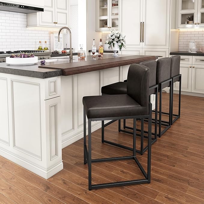 PHI VILLA Bar Stools Set of 3 - Counter Height Bar Stool Leather Stools for Kitchen Counter, Grey Bar Stools with Back