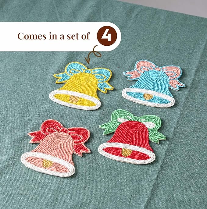 Folkulture Coasters Set of 4 | (4") Round Coaster for Coffee Table | Holiday Coasters for Christmas Décor | Coaster for Coffee Table for Cute Boho Gifts for Women | (Merry Bell)