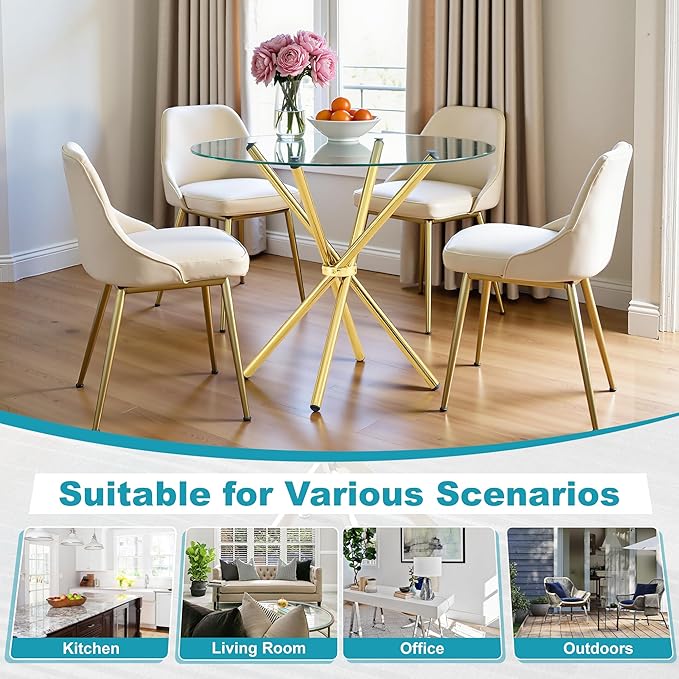 Kitchen Table for 2 Modern 36.6" Round Glass Table Small Tables with Trestle Metal Leg for Living Room and Apartment, Gold