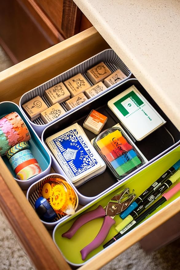 Three by Three Seattle 5 Piece Metal Organizer Tray Set for Storing Makeup, Stationery, Utensils, and More in Office Desk, Kitchen and Bathroom Drawers (2 Inch, Assorted Colors, Stripes)