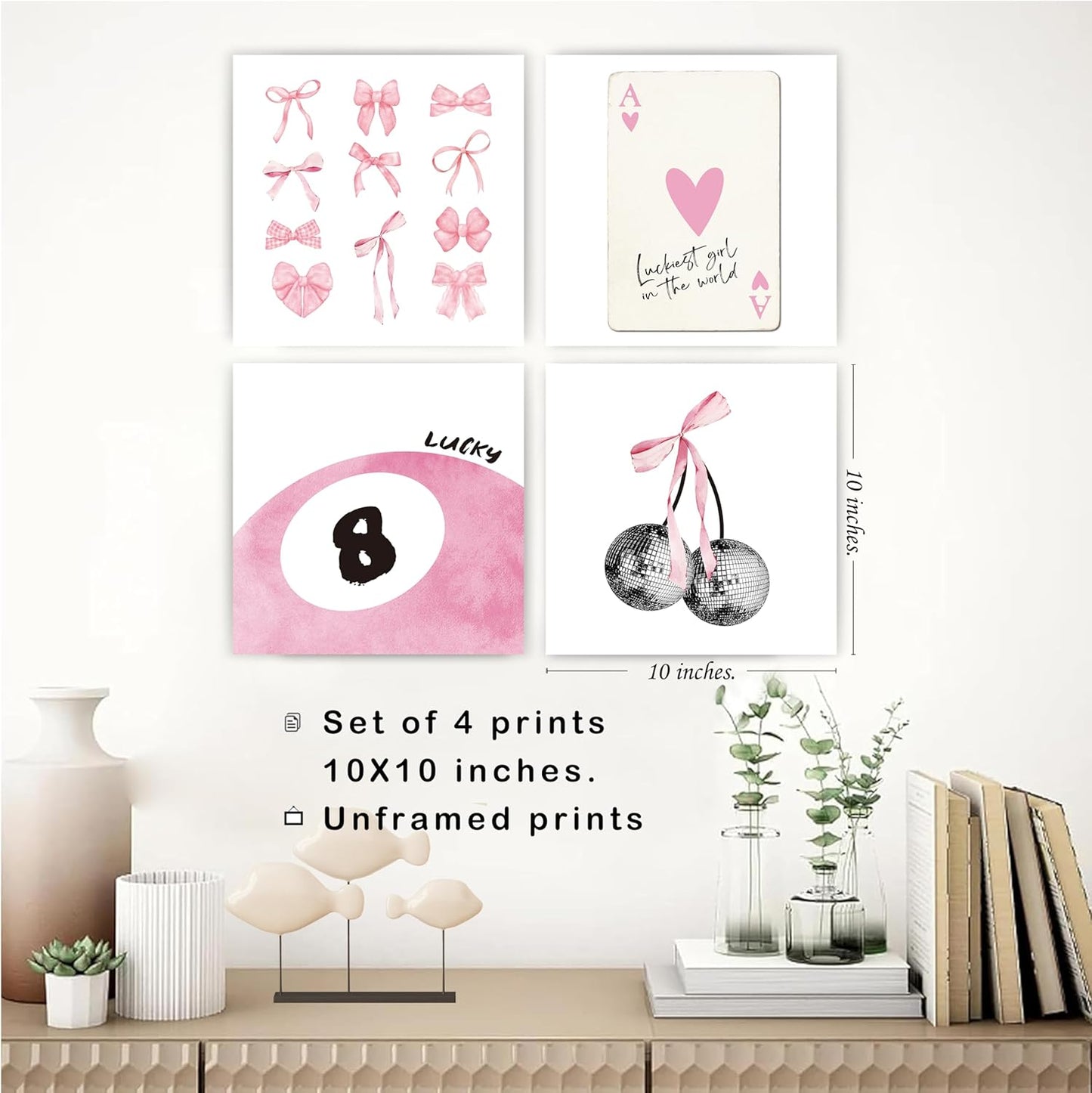 okaxscm Pink Coquette Trendy Preppy Wall Art Prints Set of 4, Coquette Room Decor, Preppy Room Decor Aesthetic, Pink Bow Disco 8 Ball Cherry Wall Decor Posters for Girls Bedroom Dorm, 10x10 Unframed