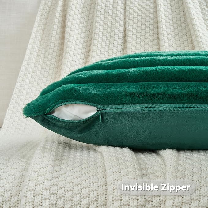 FUTEI Emerald Green Striped Decorative Throw Pillow Covers 12x20 Inch Set of 2,Rectangle Fall Decorations Couch Lumbar Pillowcase,Soft Cozy Faux Rabbit Fur & Velvet Back,Modern Home Decor for Bed