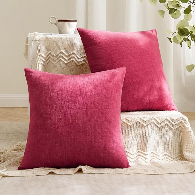 MIULEE Hot Pink Red Couch Pillow Covers 20x20 Inch, Set of 2 Soft Chenille Decorative Square Throw Pillow Covers Farmhouse for Sofa Living Room Bed