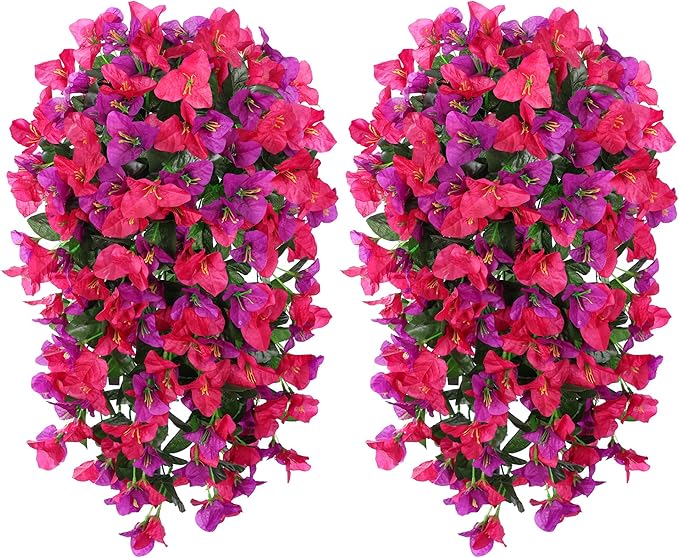 Faux Bougainvillea Artificial Flowers Plants for Outdoors Outside Decoration, 2pcs Fake Flowers Silk Long Trailing Vines UV Resistant Realistic for Front Door Porch Planter Urn Patio Balcony Yard, Mix