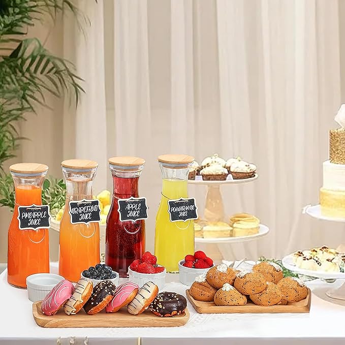 Glass Carafe with Bamboo Lid,35 Oz Beverage Dispensers Carafe,Mimosa Bar Supplies,Clear Glass Pitcher with Name Labels for Iced Tea,Coffee,Juice(Set of 4)