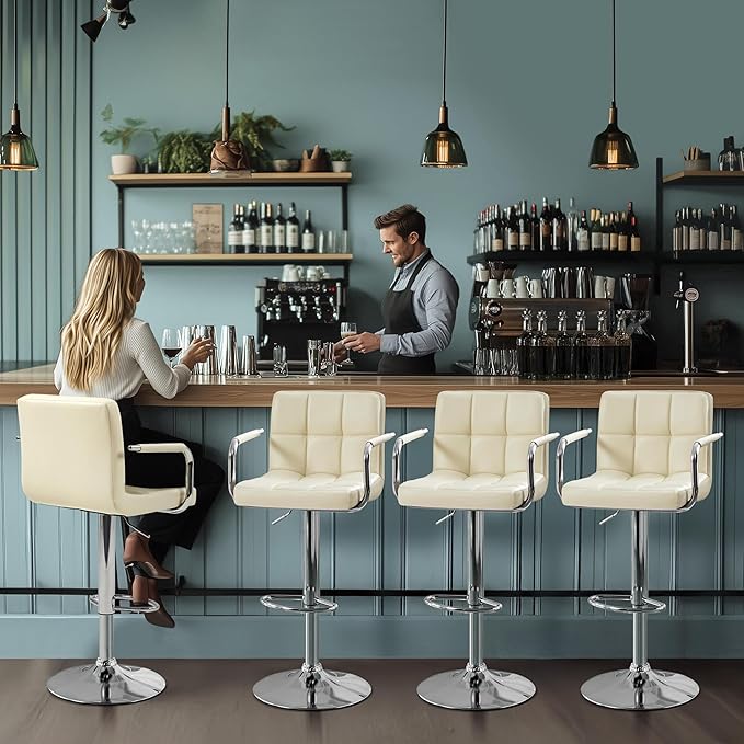 Yaheetech Bart Stools Set of 4, PU Leather Adjustable Barstools with Armrest, Counter Height Stool Chairs with Thickened Seat Cushion for Kitchen Island, Beige