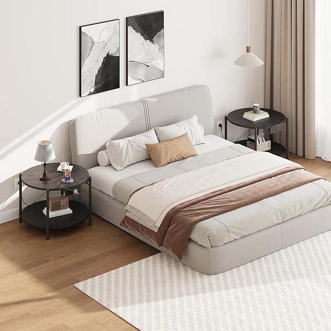 LIKIMIO Round Side Table Set of 2, 23.6" W End Table with Charging Station, Modern Wooden Nightstand for Small Spaces, Living Room, Bedroom, Black