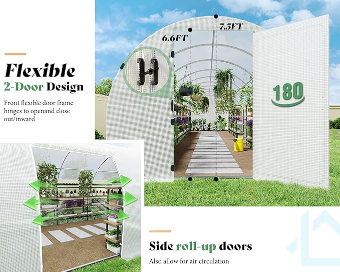 AMERLIFE 44x10x7.5 FT Tunnel Greenhouse for Outdoors, Large Walk-in Greenhouse kit with Galvanized Steel Frame, Swing Door & Premium PE Cover, White