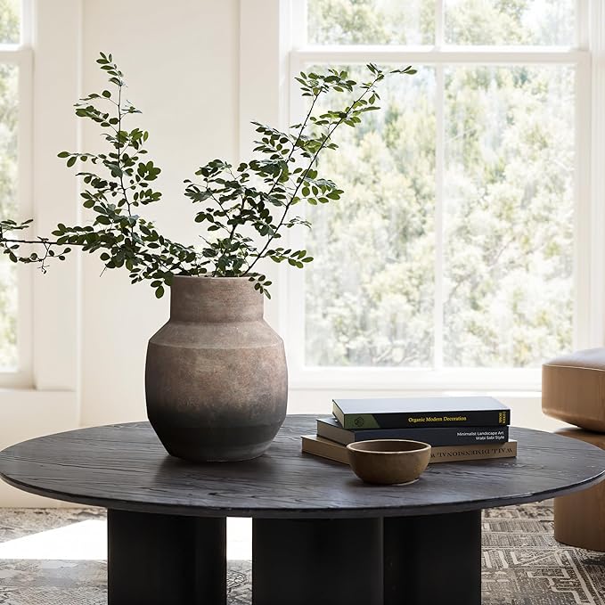 LuxenHome Rustic Ceramic Flower Vase,Farmhouse Vintage Pottery for Shelf Decor Room Decor,Brown Ombre Terracotta Vase,11'' Round Decorative Vases Home Decor Living Room