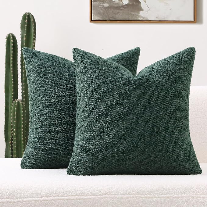 FUTEI Pack of 2 Dark Green Decorative Throw Pillow Covers 18x18 Inch Soft Cozy Solid Boucle Textured Cushion Case,Modern Home Decor for Couch Bed Living Room